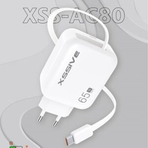 XSSIVE 65W PD FAST CHARGER WITH RETRACTABLE USB-CABLE- XSS-AC80 WHITE