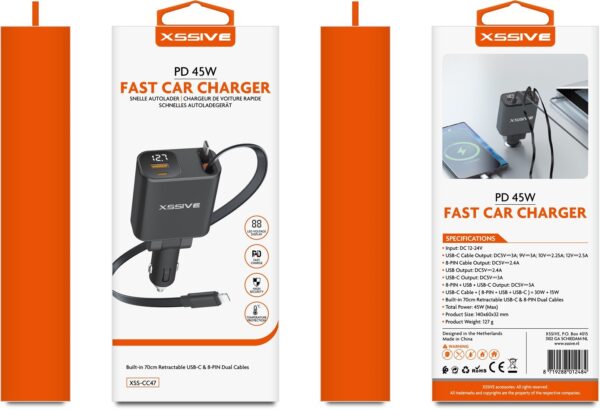 XSSIVE PD 45W FAST CAR CHARGER WITH RETRACTABLE CABLE XSS-CC47 - BLACK - Image 4