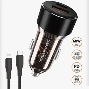 XSSIVE 60W FAST CAR CHARGER WITH TYPE-C TO 8 PIN CABLE XSS-CC40N CL