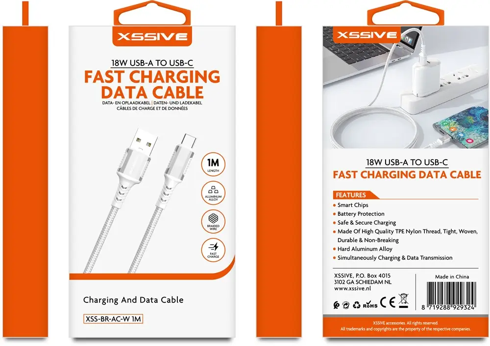 XSSIVE BRAIDED 120W/6A USB-A TO USB-C CABLE XSS-BR-AC-W 1M 120W - WHITE - Image 2