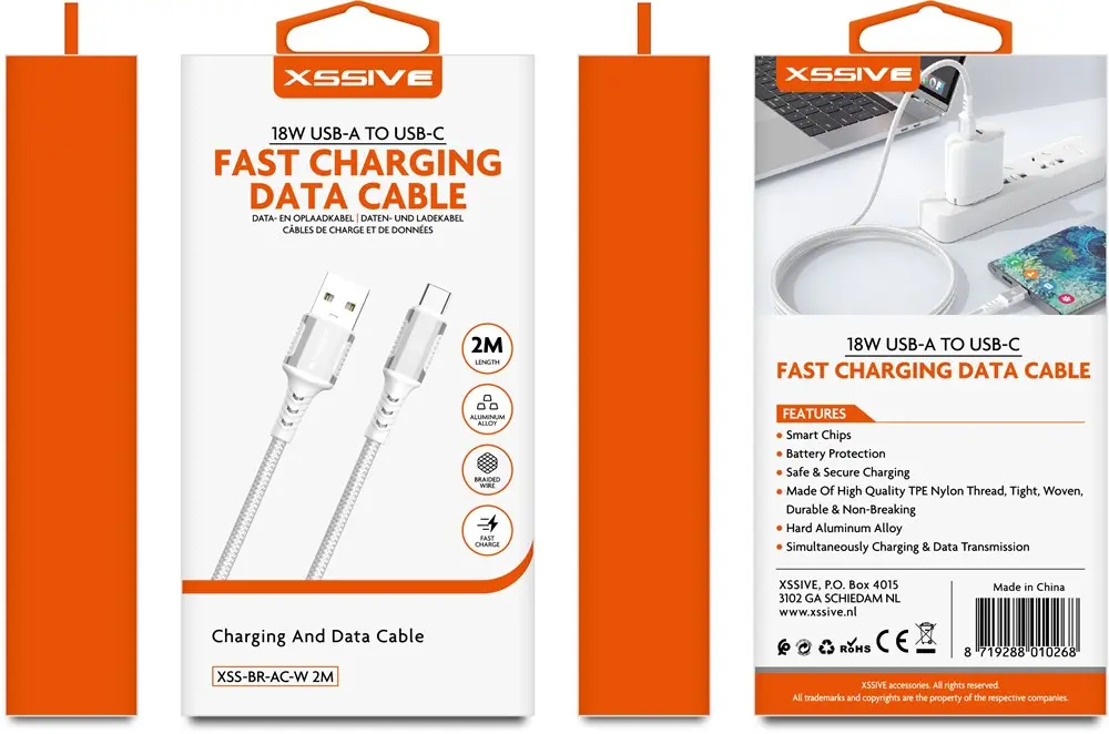 XSSIVE BRAIDED 120W/6A USB-A TO USB-C CABLE XSS-BR-AC-W 2M 120W - WHITE - Image 2
